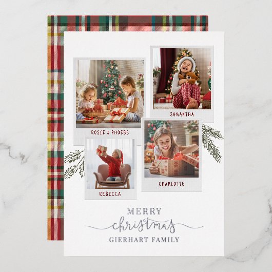 クリスマスファミリーフォトコラージドプレイド素朴シルバー 箔シーズンカード (正面/裏面)