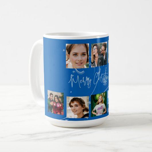 クリスマスファミリーフォトコラージブルーディアー コーヒーマグカップ (正面左)