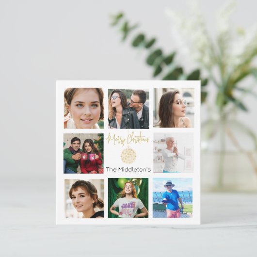 クリスマスファミリーフォトコラージュ金ゴールドグリーン シーズンカード (スタンド正面)