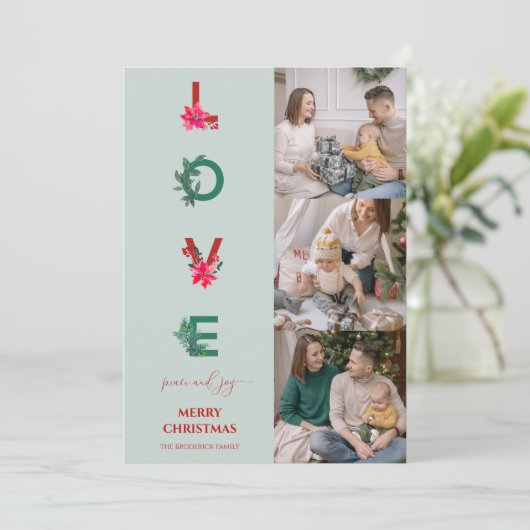クリスマスファミリーフォトコラージュ | Love Peace Joy シーズンカード (スタンド正面)