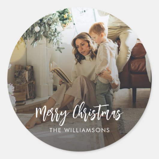 クリスマスファミリーフォトスクリプトモダン ラウンドシール (正面)