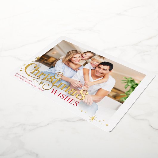 クリスマスファミリーフォトスタイリッシュタイポグラフィ 箔シーズンカード (回転した状態)