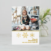クリスマスファミリーフォトスノーフレーク金ゴールド 箔シーズンカード (立ち正面)