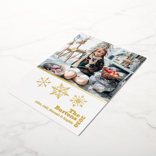クリスマスファミリーフォトスノーフレーク金ゴールド 箔シーズンカード (回転した状態)