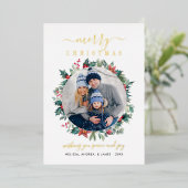 クリスマスファミリーフォトホリーレッドベリー金ゴールド 箔シーズンカード (立ち正面)