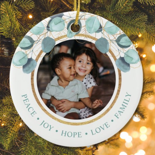 クリスマスファミリーフォトユーカリモダンプトゥス セラミックオーナメント