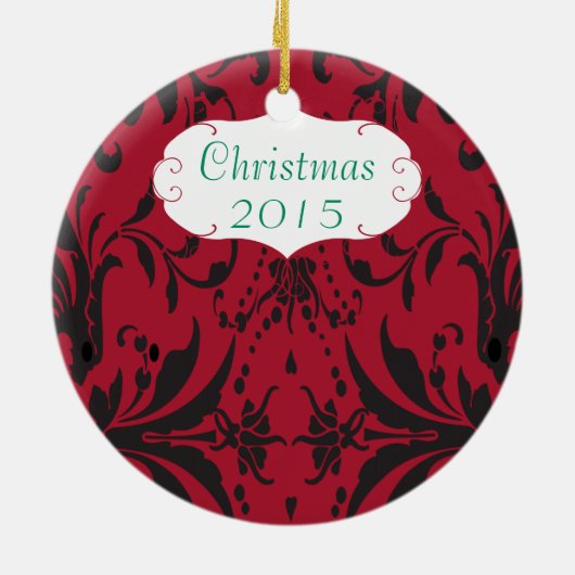 クリスマスファミリーフォトレッドシャンデリア#3ダマスク セラミックオーナメント (裏面)