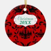 クリスマスファミリーフォトレッドシャンデリア#3ダマスク セラミックオーナメント (正面)