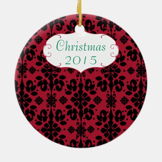 クリスマスファミリーフォトレッドシャンデリア#4ダマスク セラミックオーナメント (裏面)