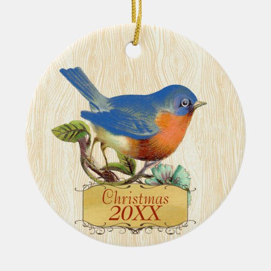 クリスマスファミリーフォトヴィンテージブルーバード セラミックオーナメント (正面)