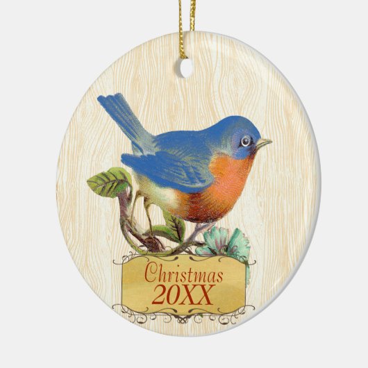 クリスマスファミリーフォトヴィンテージブルーバード セラミックオーナメント (左)