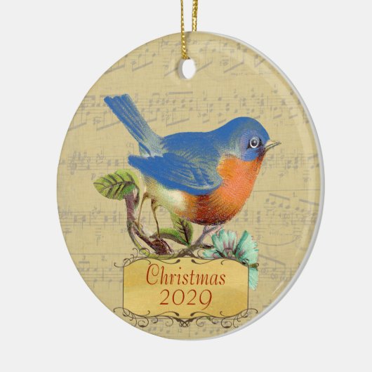 クリスマスファミリーフォトヴィンテージブルーバード セラミックオーナメント (左)