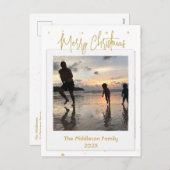 クリスマスファミリーフォト金ゴールドメリーはがき シーズンポストカード (正面/裏面)