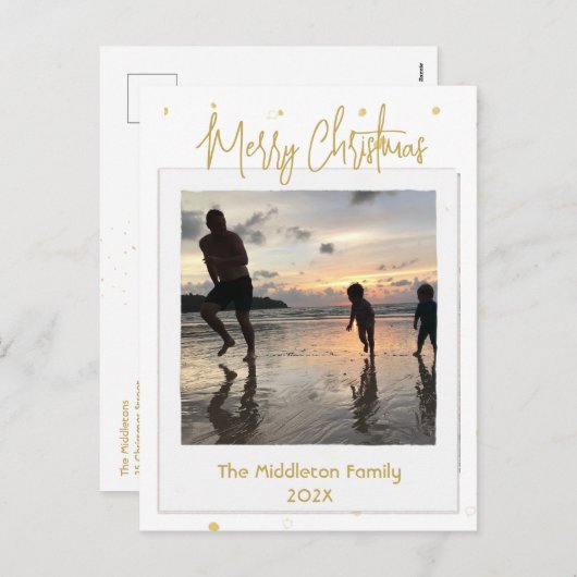クリスマスファミリーフォト金ゴールドメリーはがき シーズンポストカード (正面/裏面)