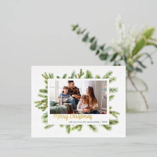 クリスマスファミリーフォト金ゴールド 箔シーズンポストカード (立ち正面)