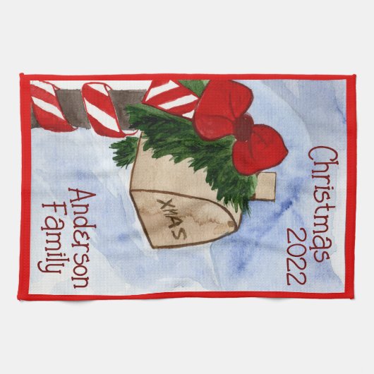 クリスマスファミリーメールボックスキャンディーケーングリーン キッチンタオル (横)