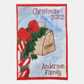 クリスマスファミリーメールボックスキャンディーケーングリーン キッチンタオル (縦)