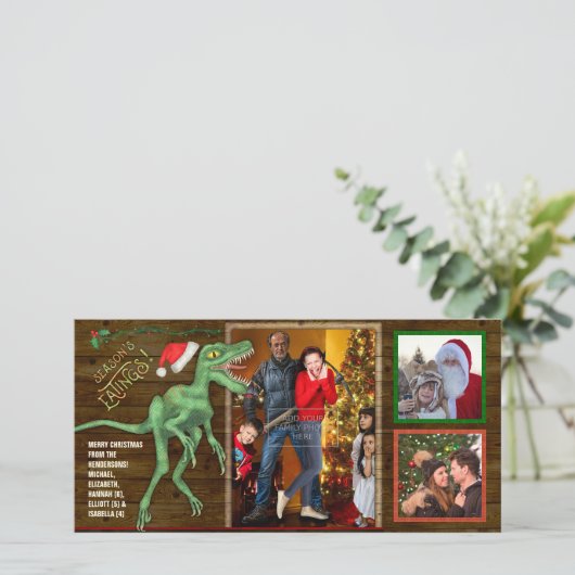 クリスマスファミリー写真おもしろいヴェロキラプトル恐竜 シーズンカード (スタンド正面)
