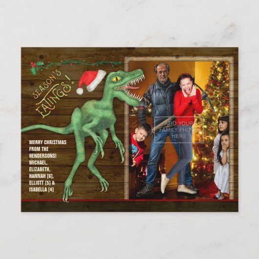 クリスマスファミリー写真おもしろいヴェロキラプトル恐竜 シーズンポストカード (正面)