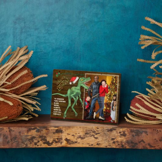 クリスマスファミリー写真おもしろいヴェロキラプトル恐竜 フォトプラーク (側面)