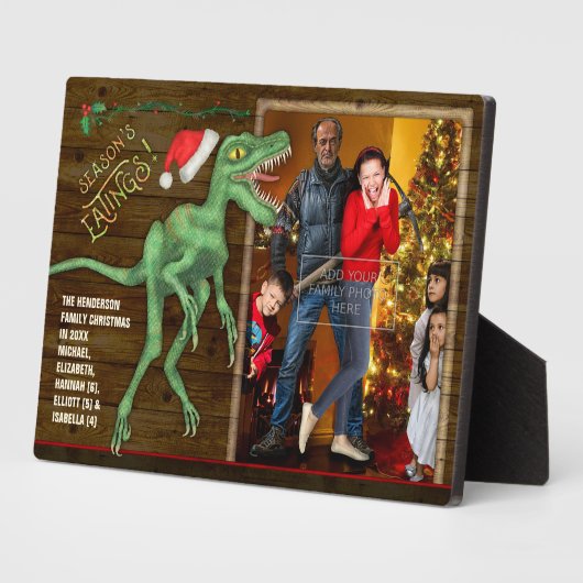 クリスマスファミリー写真おもしろいヴェロキラプトル恐竜 フォトプラーク (側面)