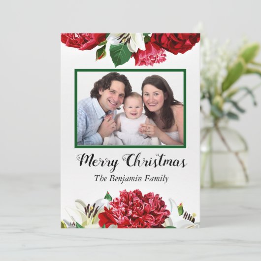 クリスマスファミリー写真水彩赤い花 シーズンカード (スタンド正面)