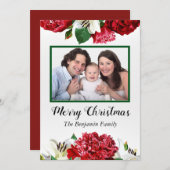 クリスマスファミリー写真水彩赤い花 シーズンカード (正面/裏面)