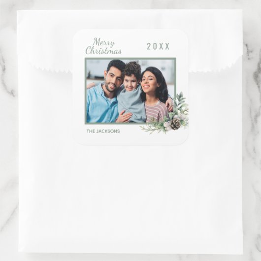 クリスマスファミリー写真白いコーンパイン スクエアシール (バッグ)