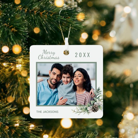 クリスマスファミリー写真白いコーンパイン メタルオーナメント
