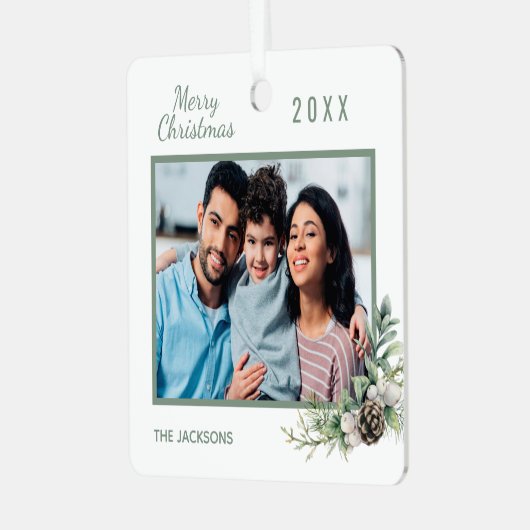 クリスマスファミリー写真白いコーンパイン メタルオーナメント (正面左)