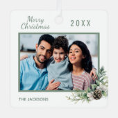 クリスマスファミリー写真白いコーンパイン メタルオーナメント (正面)