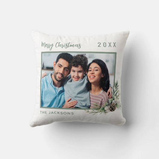 クリスマスファミリー写真白い緑の円錐松の名前 クッション (裏面)