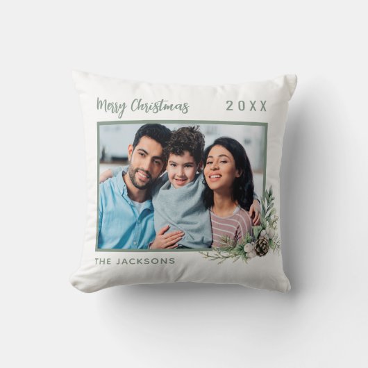 クリスマスファミリー写真白い緑の円錐松の名前 クッション (正面)