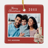 クリスマスファミリー写真赤い白いロウソクの装飾 セラミックオーナメント (正面)