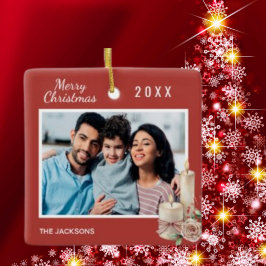 クリスマスファミリー写真赤い白いロウソクの装飾 セラミックオーナメント