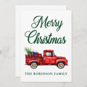 クリスマスファミリー名クラシック付きレッドトラックツリーギフト シーズンカード (正面/裏面)