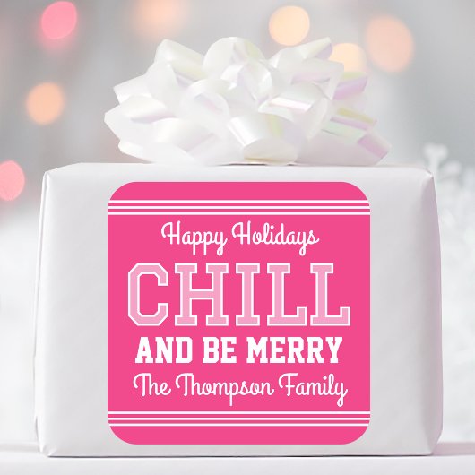 クリスマスファミリー名タイポグラフィピンク スクエアシール