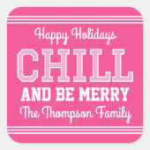 クリスマスファミリー名タイポグラフィピンク スクエアシール (正面)