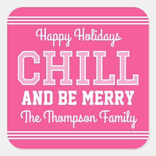 クリスマスファミリー名タイポグラフィピンク スクエアシール (正面)