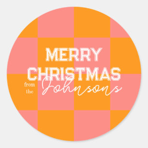 クリスマスファミリー名ピンクオレンジチェック ラウンドシール