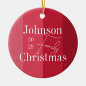 クリスマスファミリー名モダン赤ストライプ色 セラミックオーナメント (正面)