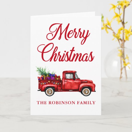 クリスマスファミリー名ヴィンテージレッドトラックギフトツリー カード (黄色い花)