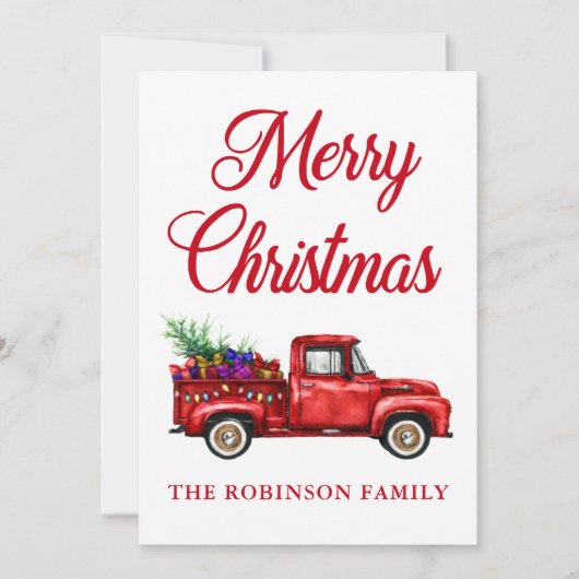 クリスマスファミリー名ヴィンテージレッドトラックギフトツリー シーズンカード (正面)