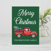 クリスマスファミリー名ヴィンテージレッドトラックツリーギフト シーズンカード (スタンド正面)