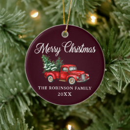 クリスマスファミリー名水カラーヴィンテージレッドトラック セラミックオーナメント