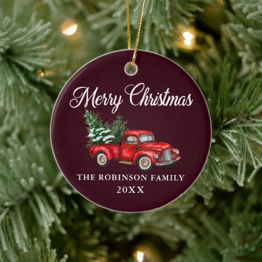 クリスマスファミリー名水カラーヴィンテージレッドトラック セラミックオーナメント (ツリー)
