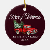 クリスマスファミリー名水カラーヴィンテージレッドトラック セラミックオーナメント (正面)