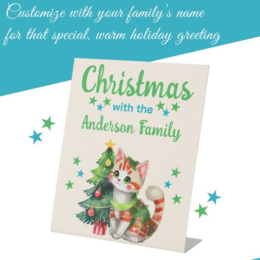 クリスマスファミリー名catとtree blue green 台座サイン