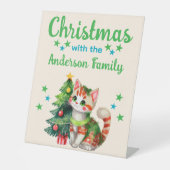 クリスマスファミリー名catとtree blue green 台座サイン (正面)