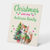 クリスマスファミリー名catとtree pink green 台座サイン (正面)